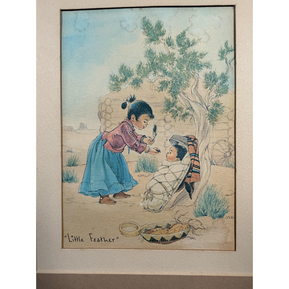 Little Feather Native American Children Illustration Art Print Matted Wall Decor
